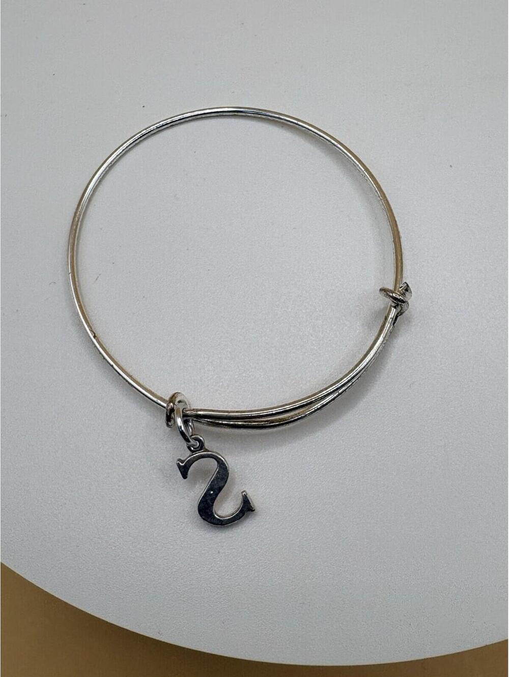 Silver Tone Metal Bangle Charm Bracelet, Adjustable Hook, Letter S Dangle, 2.5"
